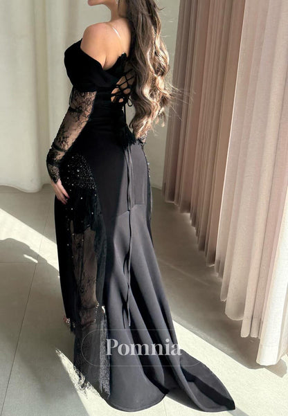 Black Long Sleeves Sweetheart Slit Lace Prom Dress