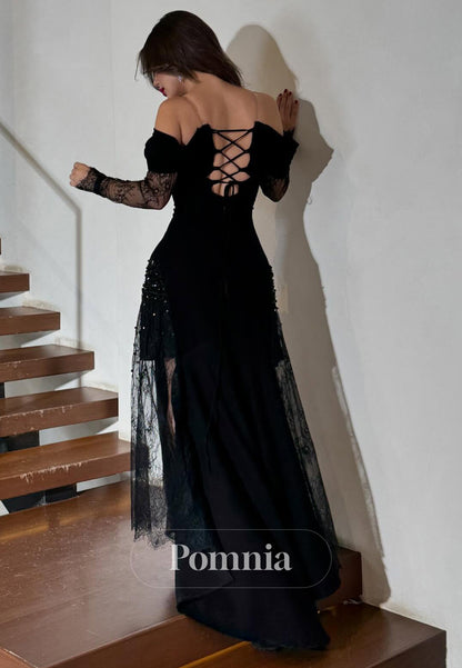 Black Long Sleeves Sweetheart Slit Lace Prom Dress