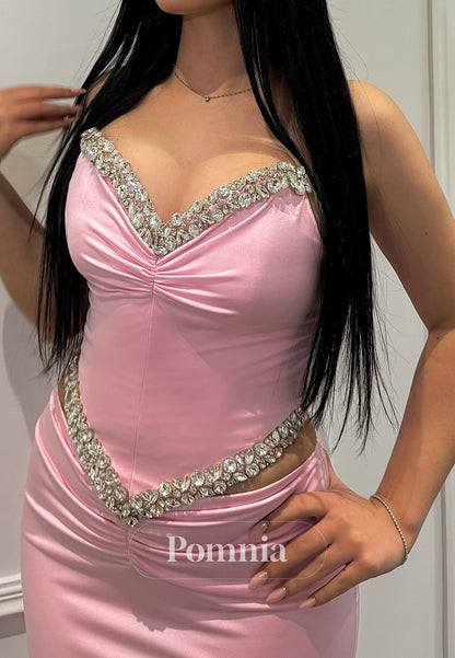 Blushing Pink Sleeveless Sweetheart Beads Ruched Prom Dress