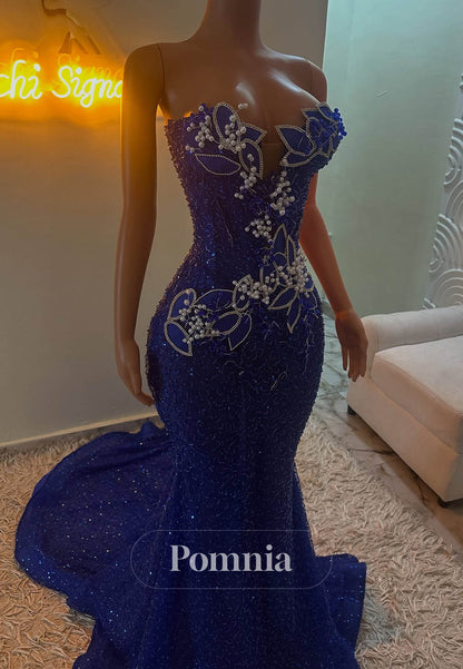 Royal Blue Sleeveless Strapless Floral Appliques Sequins Prom Dress