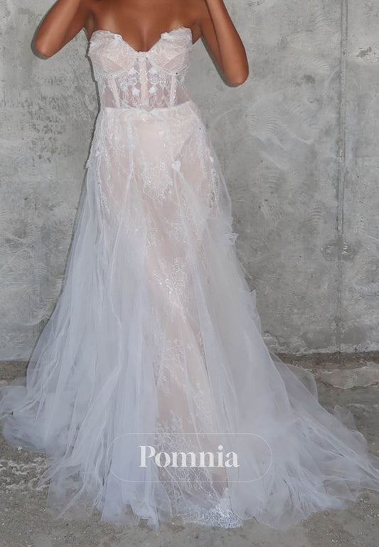 Simple Sweetheart Sleeveless Corset Tulle Lace Wedding Dress