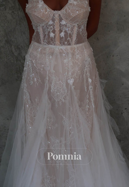 Simple Sweetheart Sleeveless Corset Tulle Lace Wedding Dress