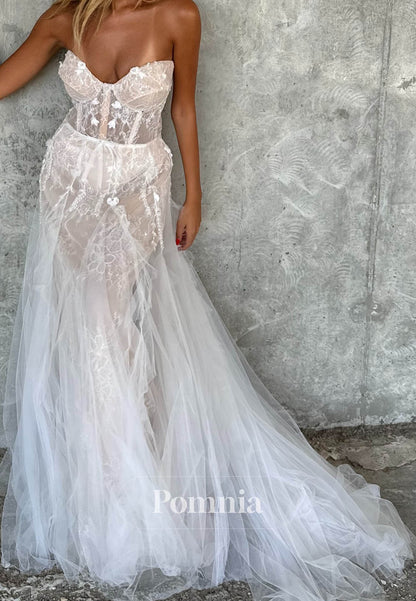 Simple Sweetheart Sleeveless Corset Tulle Lace Wedding Dress