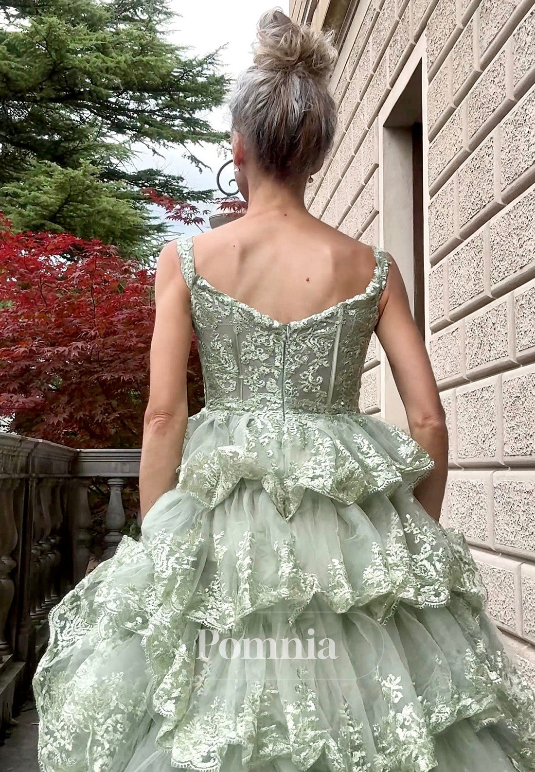 Dusty Sage A-Line Spaghetti Straps V-Neck Ruffles Prom Dress