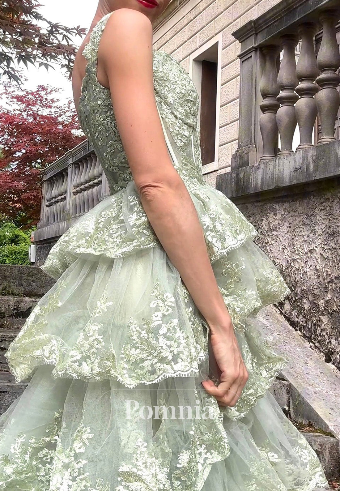 Dusty Sage A-Line Spaghetti Straps V-Neck Ruffles Prom Dress