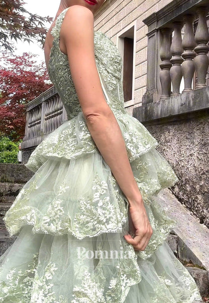 Dusty Sage A-Line Spaghetti Straps V-Neck Ruffles Prom Dress