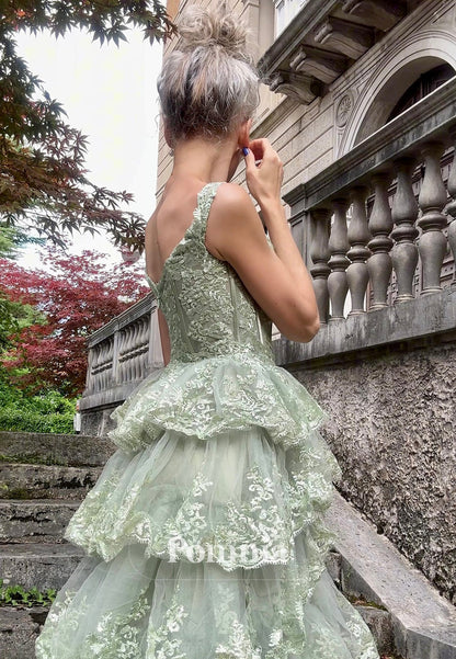 Dusty Sage A-Line Spaghetti Straps V-Neck Ruffles Prom Dress