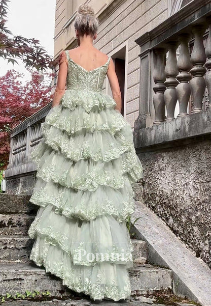 Dusty Sage A-Line Spaghetti Straps V-Neck Ruffles Prom Dress