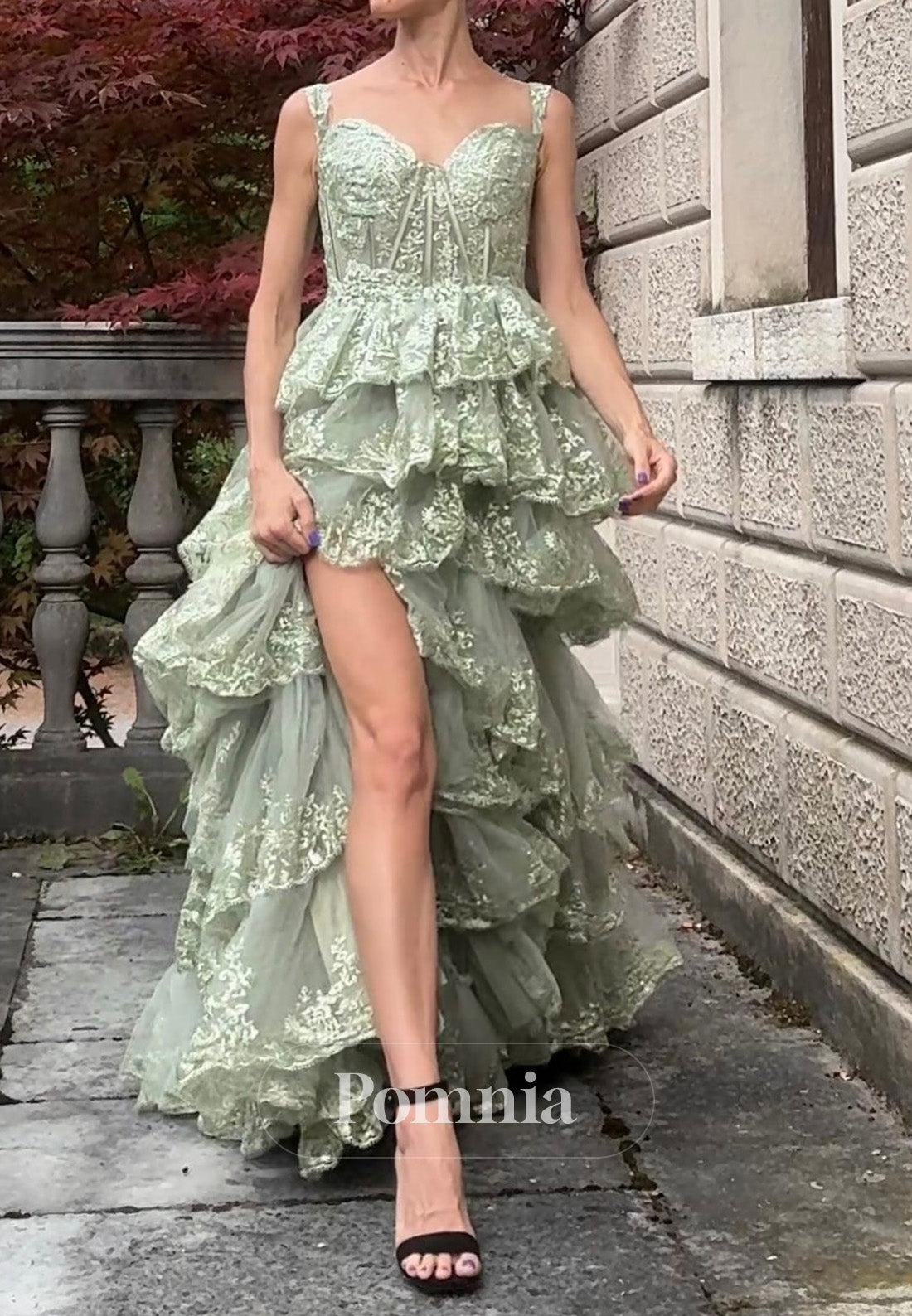 Dusty Sage A-Line Spaghetti Straps V-Neck Ruffles Prom Dress