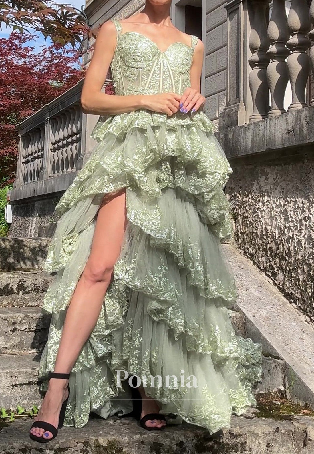 Dusty Sage A-Line Spaghetti Straps V-Neck Ruffles Prom Dress