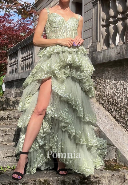 Dusty Sage A-Line Spaghetti Straps V-Neck Ruffles Prom Dress