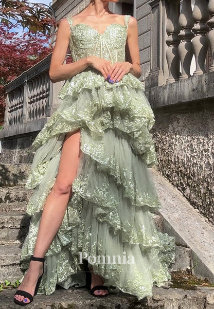 Dusty Sage A-Line Spaghetti Straps V-Neck Ruffles Prom Dress