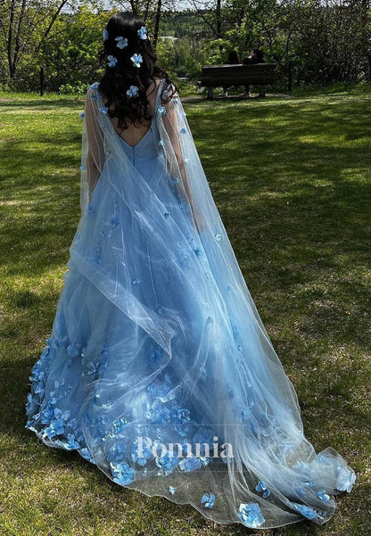 Sky Blue Sweetheart Cap Sleeveless Floral Appliques Prom Dress