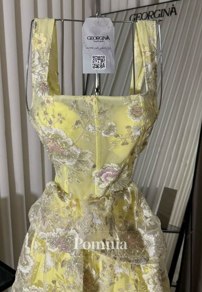 Daffodil Spaghetti Straps Square Ruffles Prom Dress