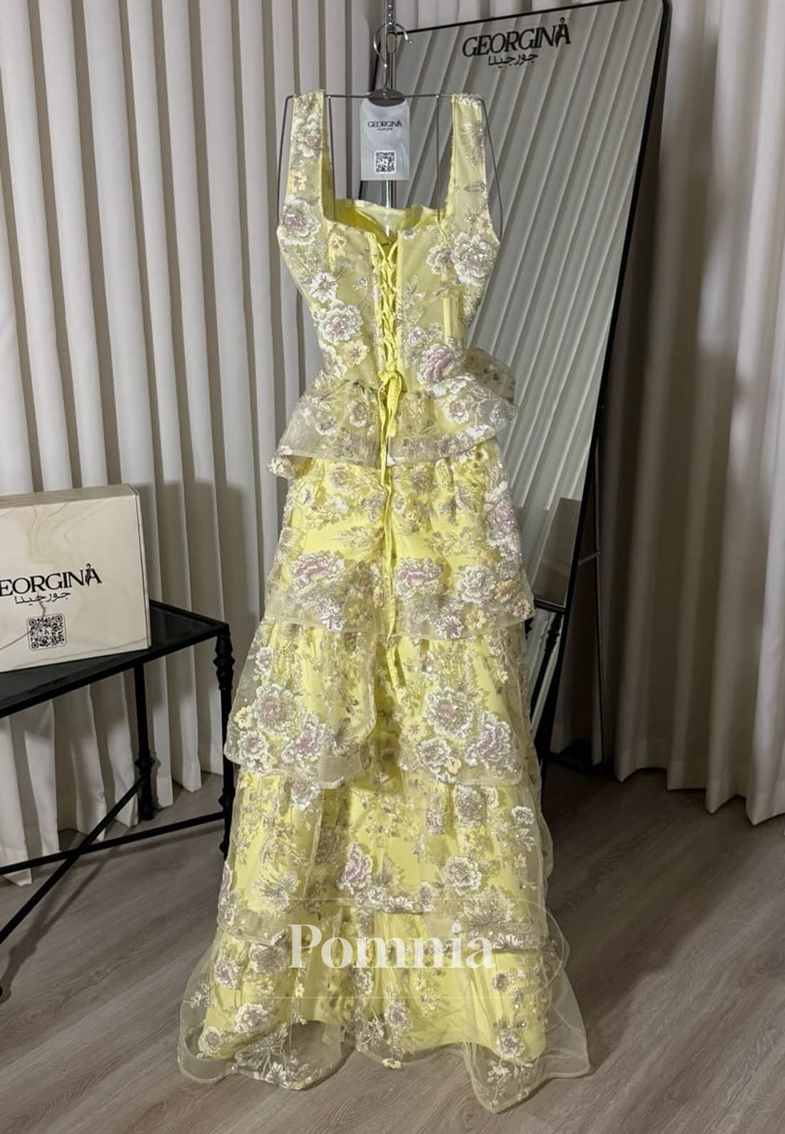 Daffodil Spaghetti Straps Square Ruffles Prom Dress