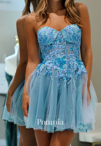 Sky Blue Sleeveless Strapless Floral Appliques Short Homecoming Dress