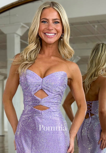 Strapless Sleeveless Prom Dress with Slit Sequins Evening Party Dress