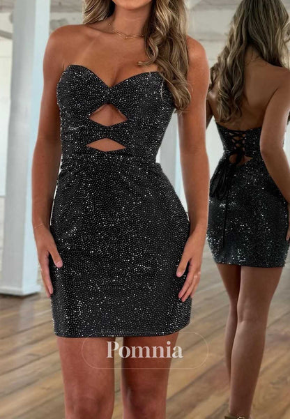 Simple Strapless Sleeveless Sequins Short Homecoming Dress
