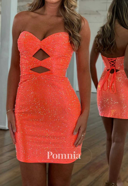 Simple Strapless Sleeveless Sequins Short Homecoming Dress