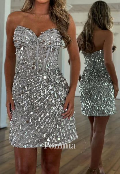 Sparkly Strapless Sleeveless Sequins Mini Homecoming Dress