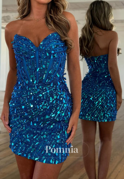 Sparkly Strapless Sleeveless Sequins Mini Homecoming Dress