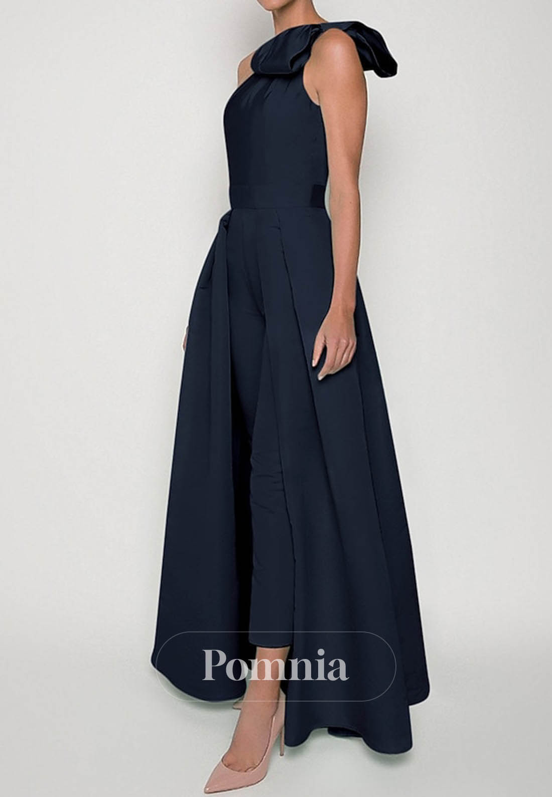 Simple One Shoulder Sleeveless Jumpsuit Satin Evening Dress