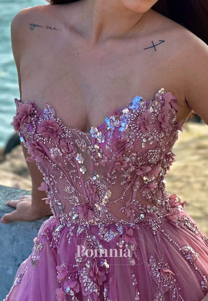 Blushing Pink Sleeveless Strapless Appliques A-Line Prom Dress