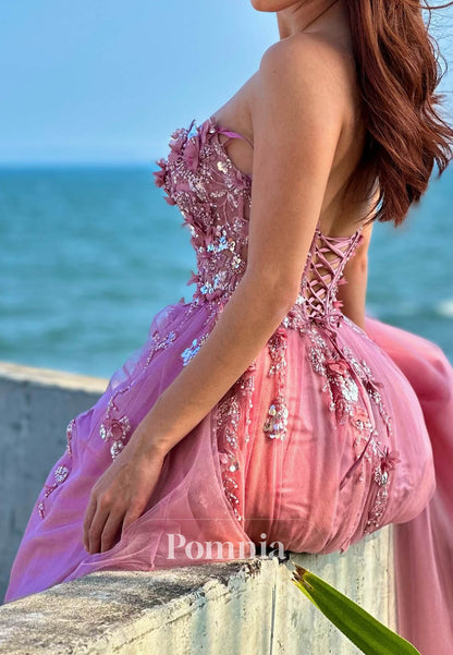 Blushing Pink Sleeveless Strapless Appliques A-Line Prom Dress