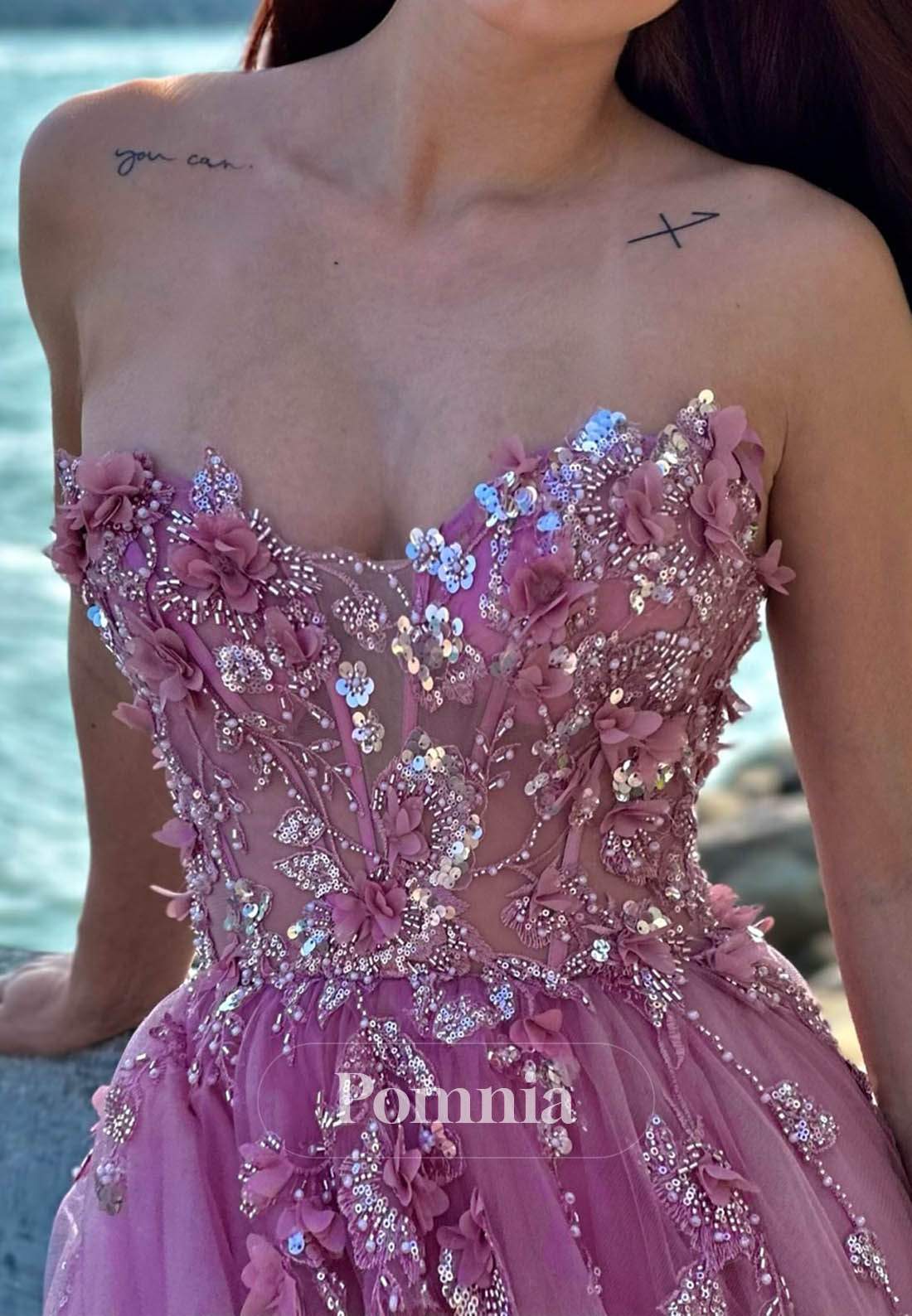 Blushing Pink Sleeveless Strapless Appliques A-Line Prom Dress