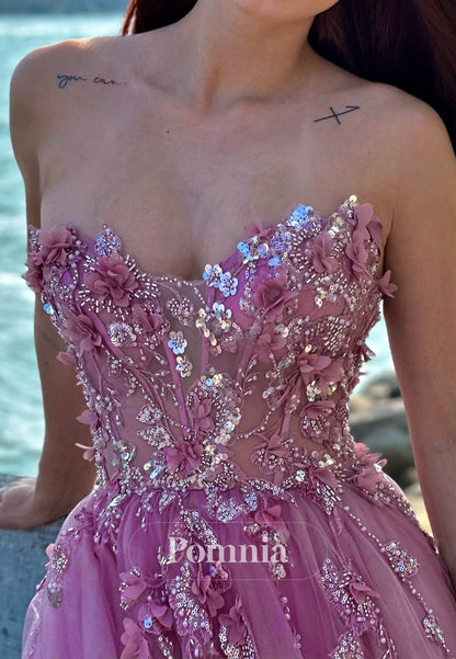 Blushing Pink Sleeveless Strapless Appliques A-Line Prom Dress