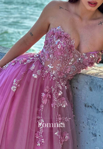 Blushing Pink Sleeveless Strapless Appliques A-Line Prom Dress