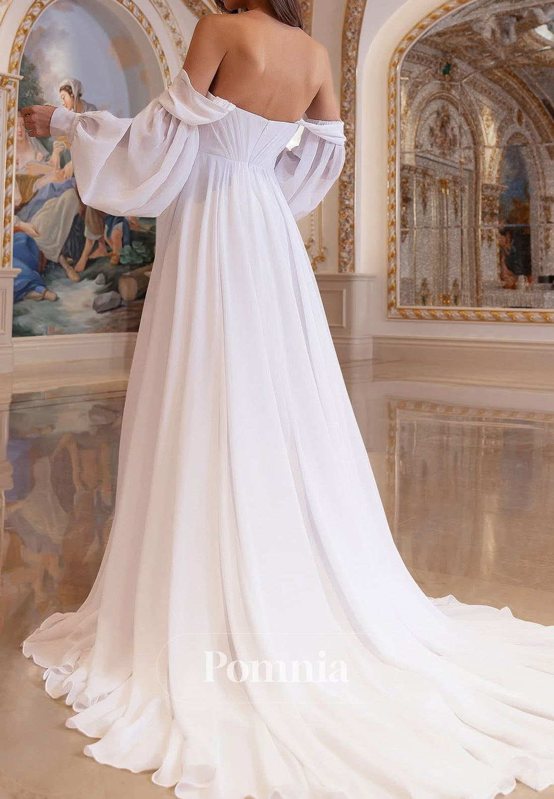 Long Sleeves Off-Shoulder Slit Ruched Chiffon Wedding Dress