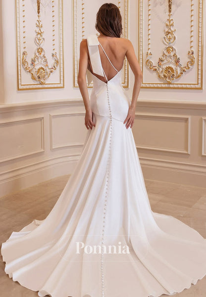 One Shoulder Bowknot Sleeveless Slit Satin Wedding Dress