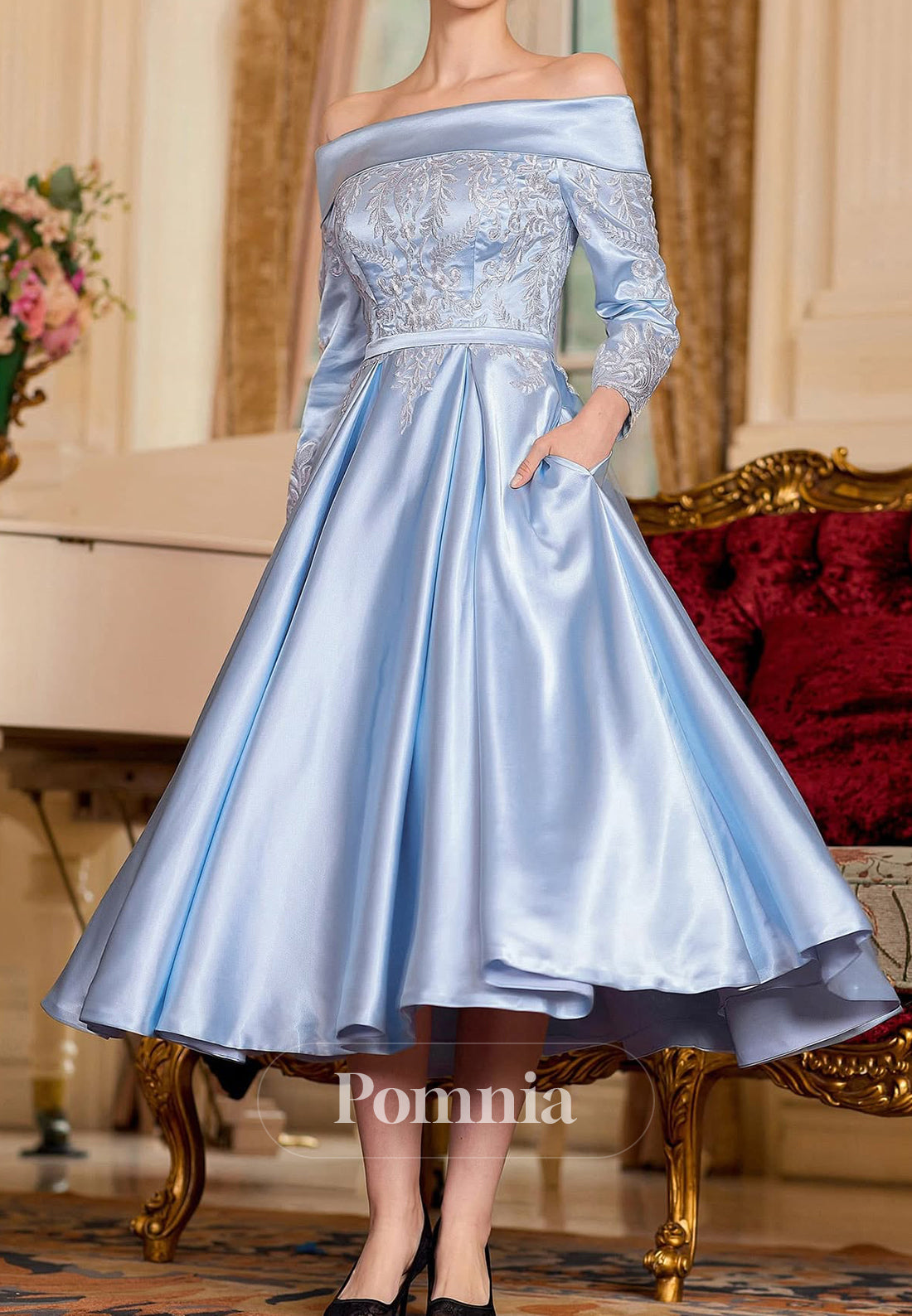 Sky Blue Long Sleeves Of-Shoulder Empire-Waist Mother of the Bride Dress