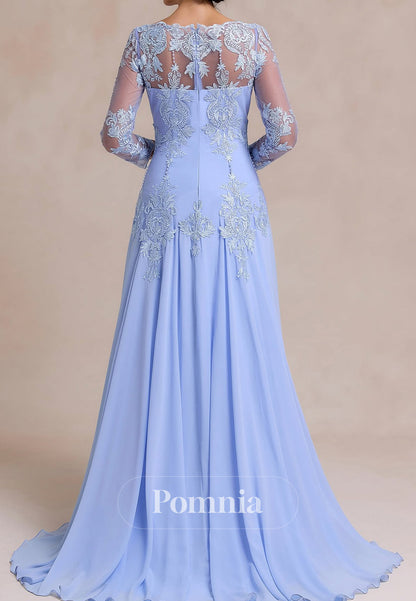 Sky Blue Long Sleeves Scoop Apliques A-Line Mother of the Bride Dress