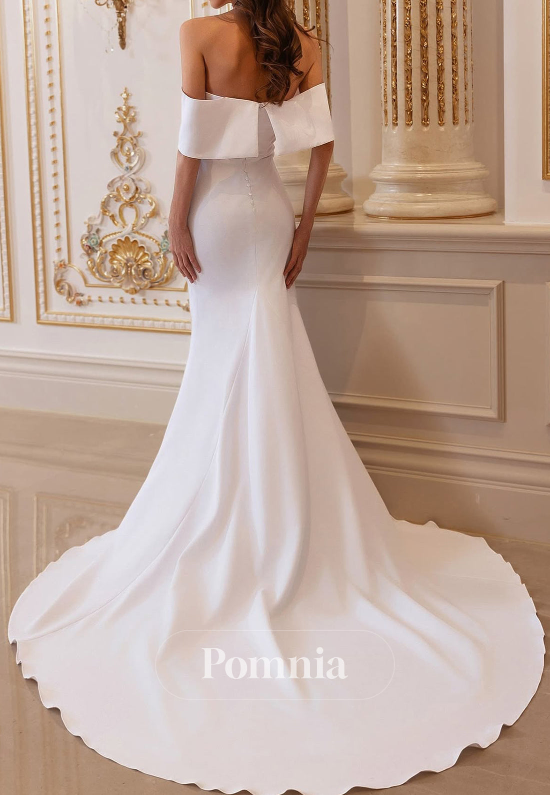 Simple Off-Shoulder Sweep Train Satin Wedding Dress