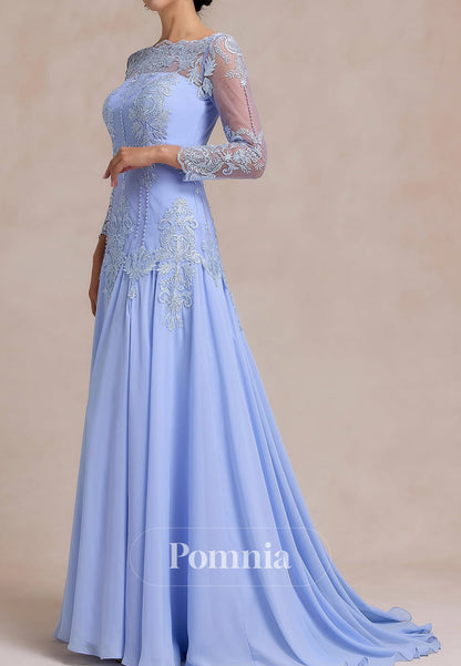 Sky Blue Long Sleeves Scoop Apliques A-Line Mother of the Bride Dress