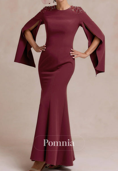 Mulberry Long Sleeves Scoop Sequins A-Line Mother of the Bride Dress