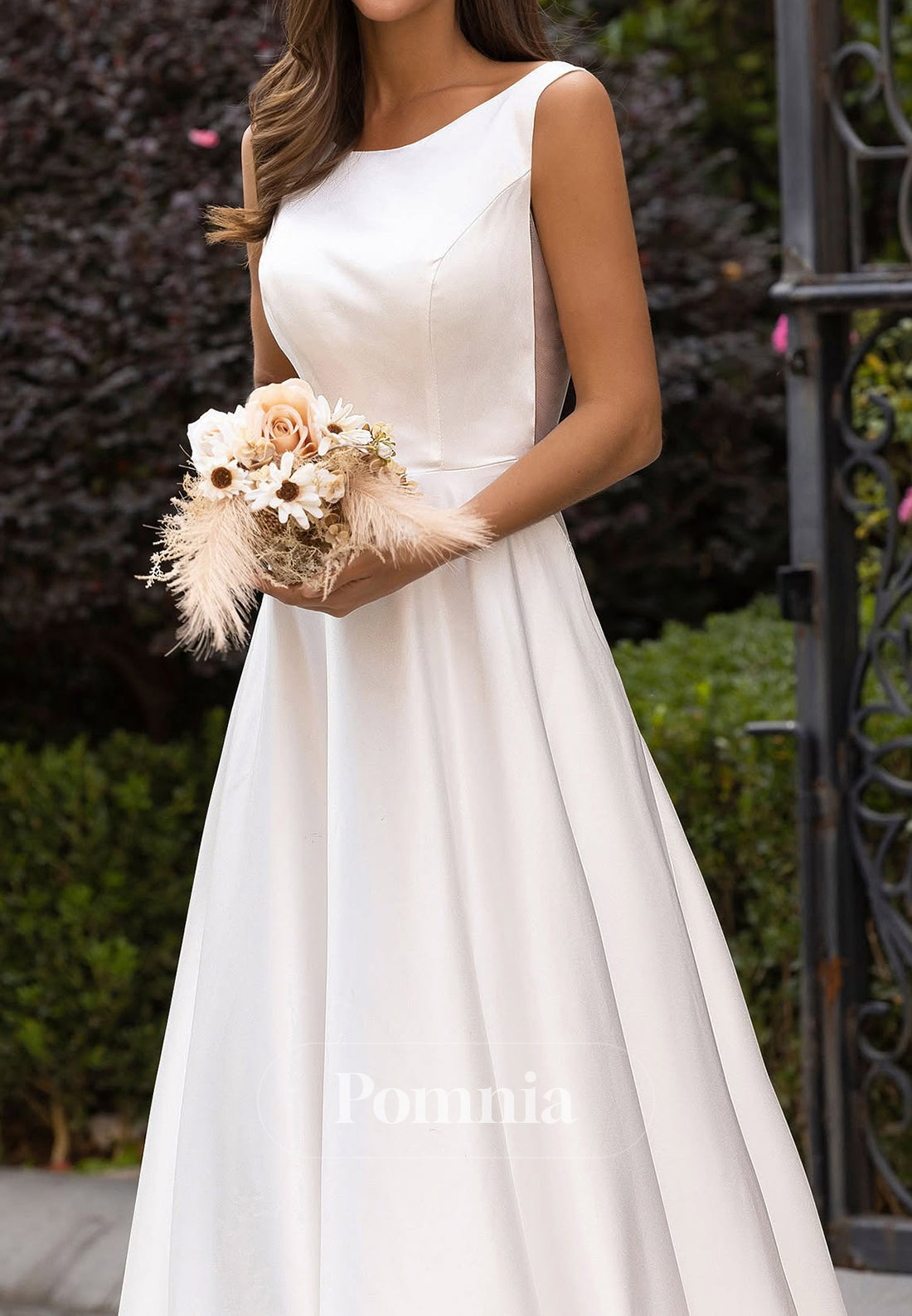 Simple Scoop Sleeveless Backless Satin Wedding Dress