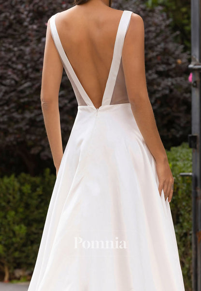 Simple Scoop Sleeveless Backless Satin Wedding Dress