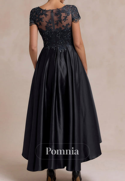 Black A-Line Short Sleeves Scoop Appliques Satin Mother of the Bride Dress
