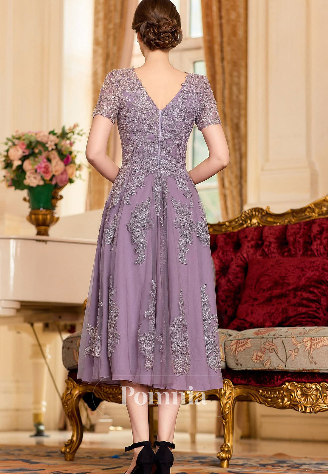 Dusk Short Sleeves Scoop Appliques A-Line Mother of the Bride Dress