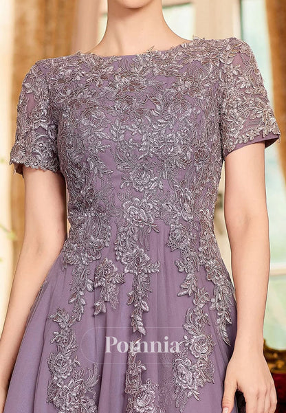 Dusk Short Sleeves Scoop Appliques A-Line Mother of the Bride Dress