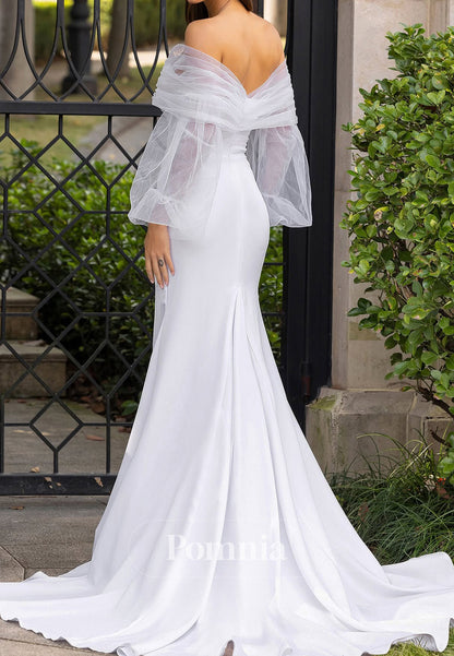 Long Sleeves Off-Shoulder Slit Corset Wedding Dress