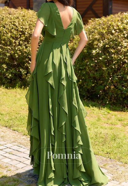 Eucalyptus Short Sleeves V-Neck Ruffles A-Line Mother of the Bride Dress