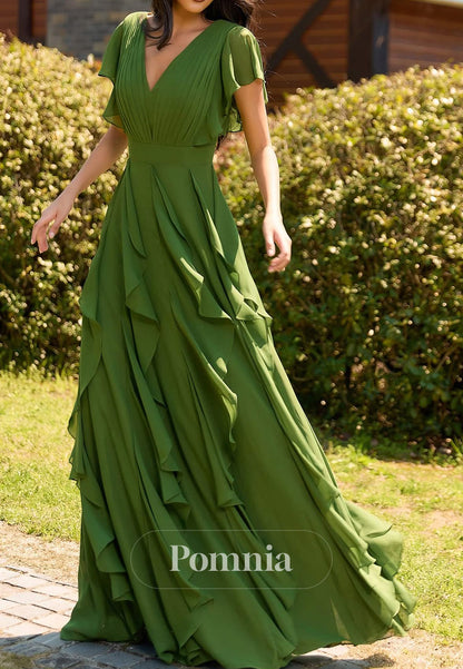 Eucalyptus Short Sleeves V-Neck Ruffles A-Line Mother of the Bride Dress