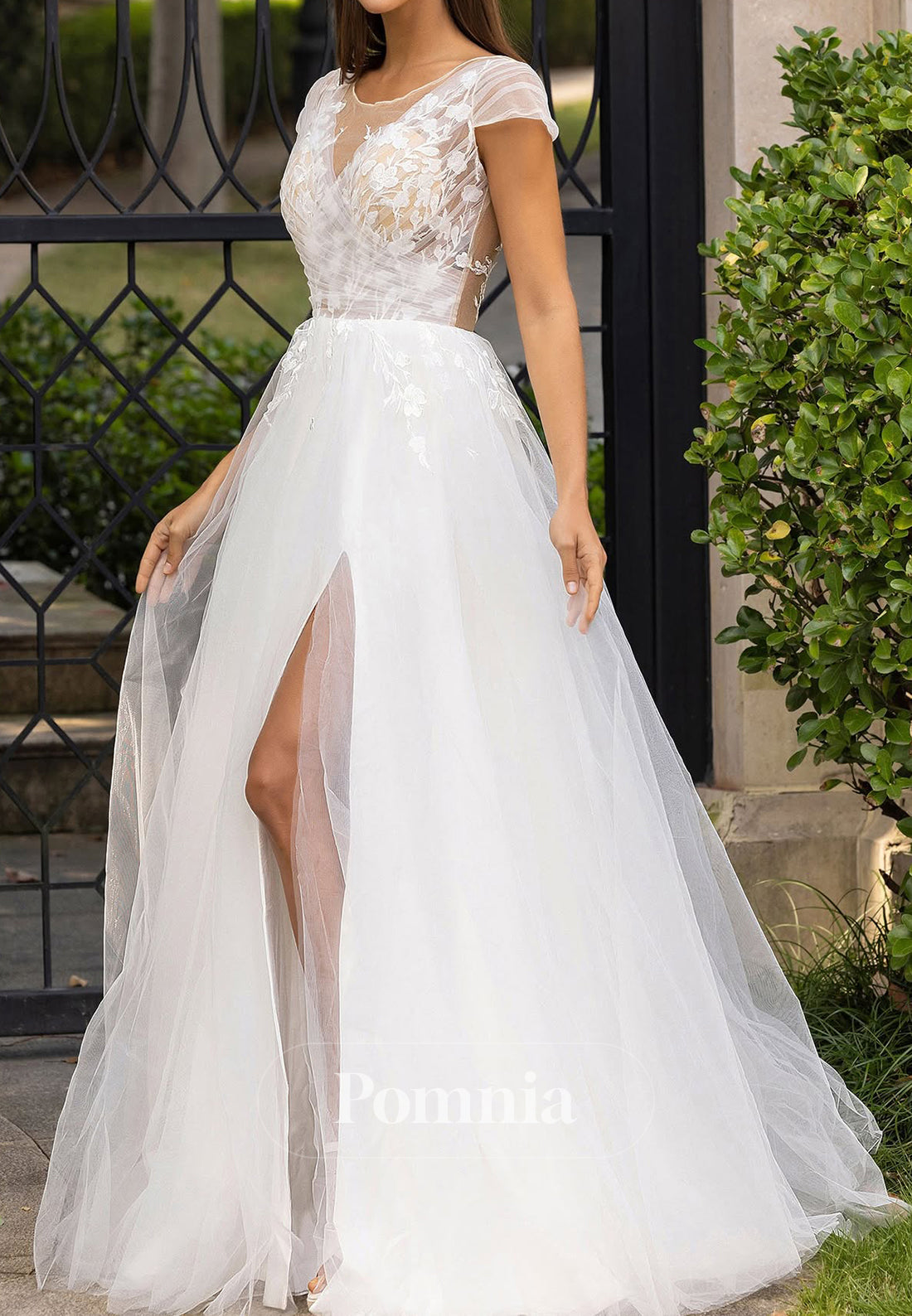 A-Line Short Sleeves V-Neck Floral Appliques Lace Wedding Dress