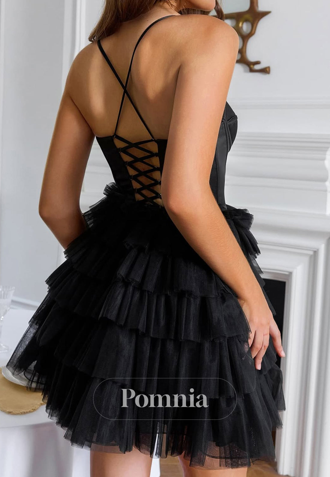 Black Spaghetti Straps Sweetheart Ruffles Homecoming Dress