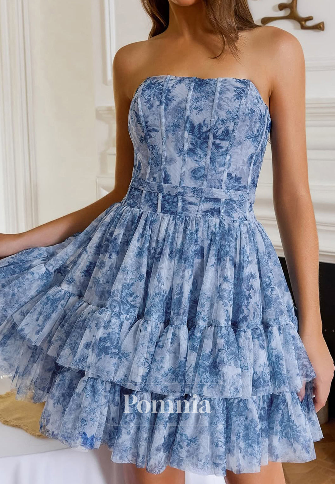 Blue A-Line Strapless Sleeveless Ruffles Homecoming Dress