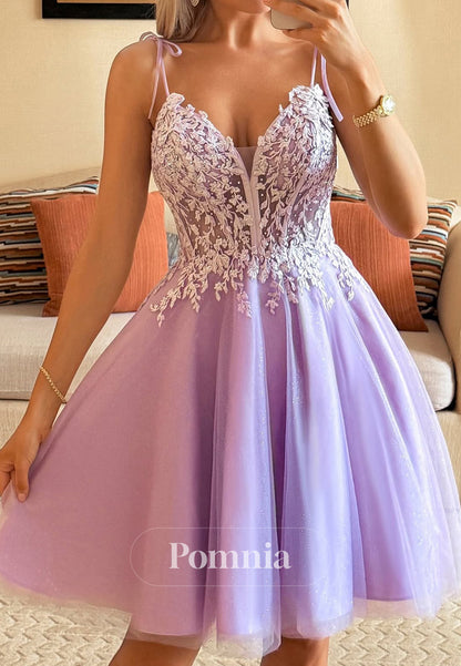 Spaghetti Straps V-Neck Appliques A-Line Homecoming Dress